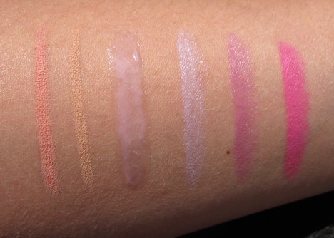 In Synch en Naked Liner lipliner, I ♥ U plucheglas, Quite Cute, Play Time en Candy Yum-Yum lipstick swatches