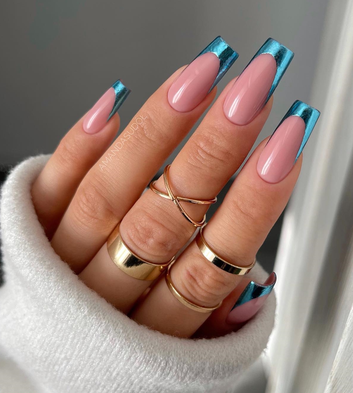 Lange vierkante metallic blauwe nageltips