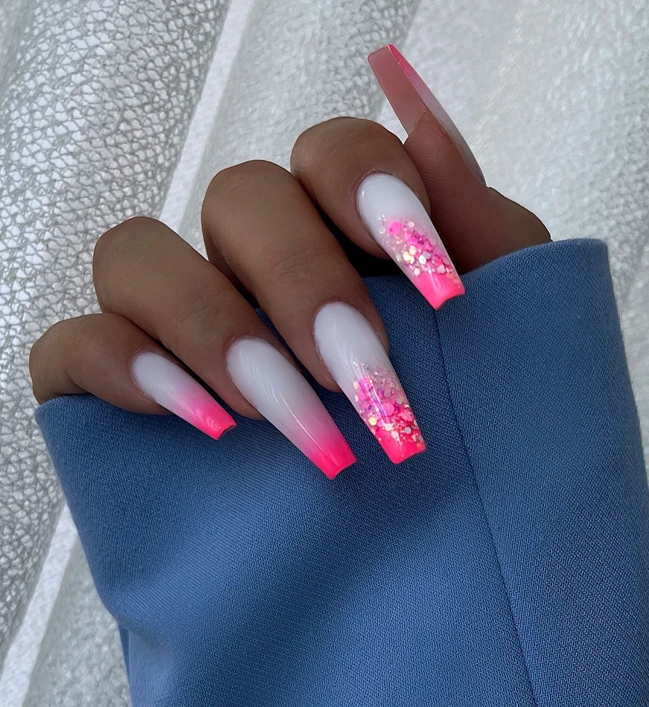 Long Coffin White to Pink Ombre Gel Nails