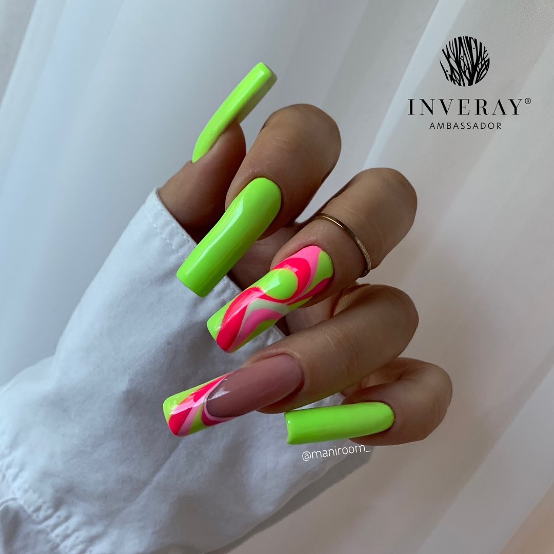 Long Square Bright Green Nails with Bright Pink Design