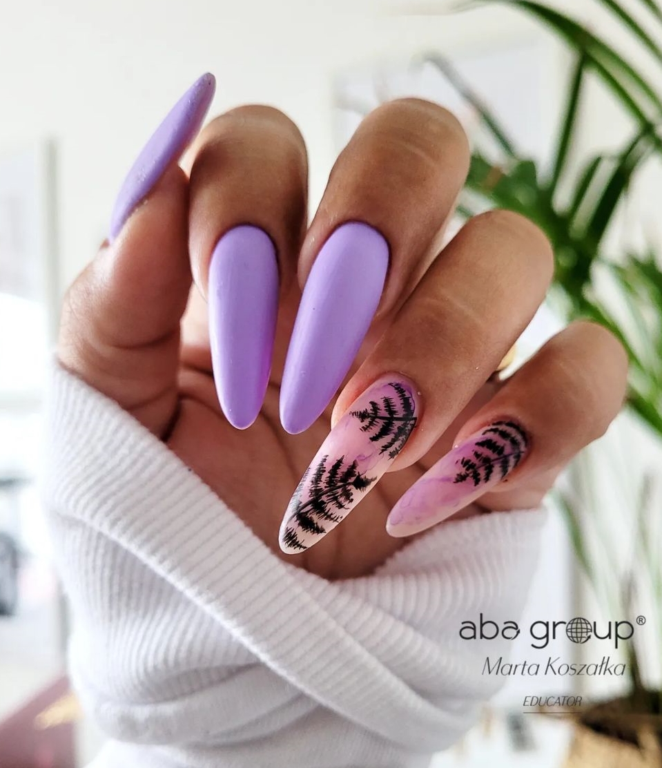 Long Round Gel Purple Nails with Floral Design