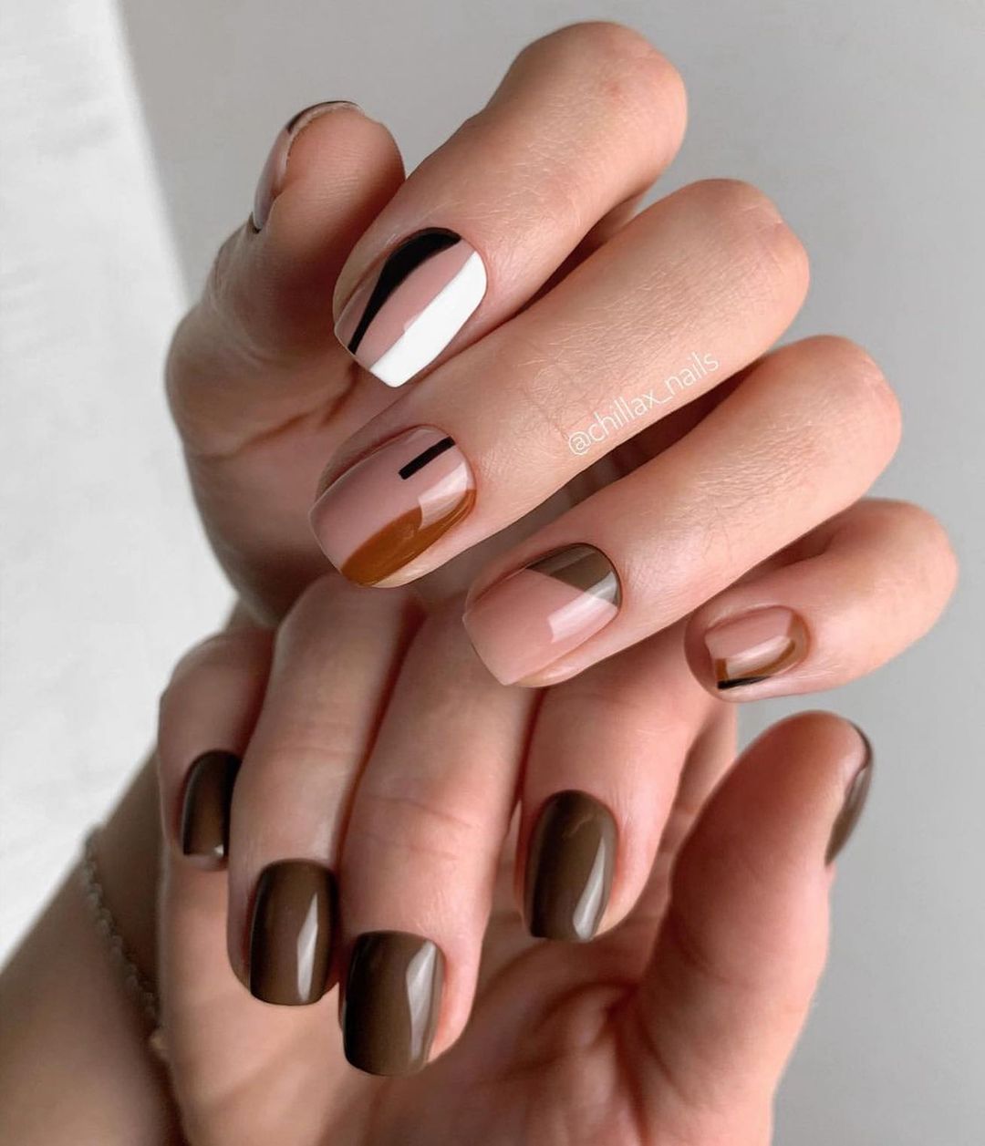 Short Square Gel Nails with Brown Polish Design