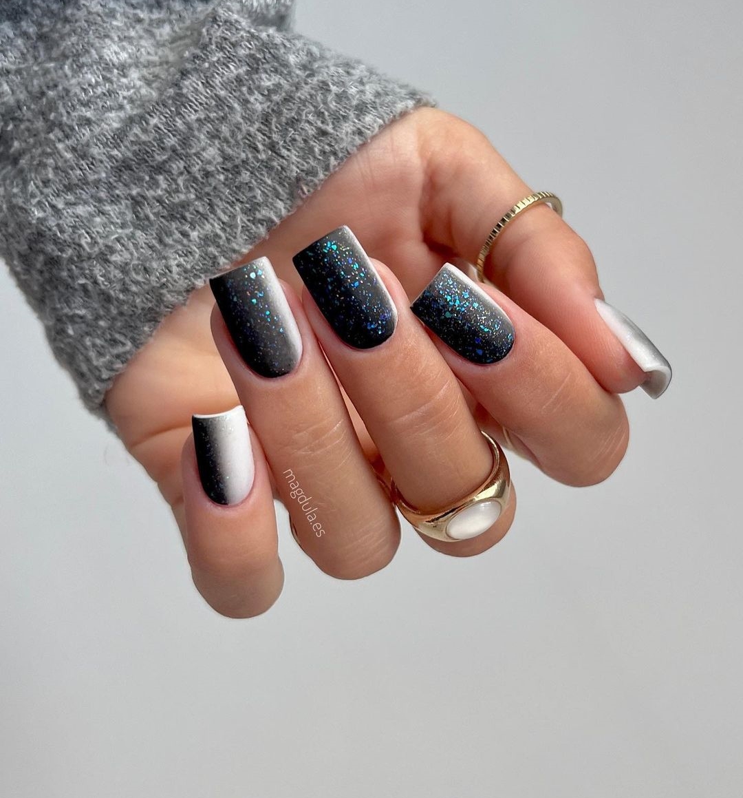 Korte Vierkante Zwarte Glitter nagels
