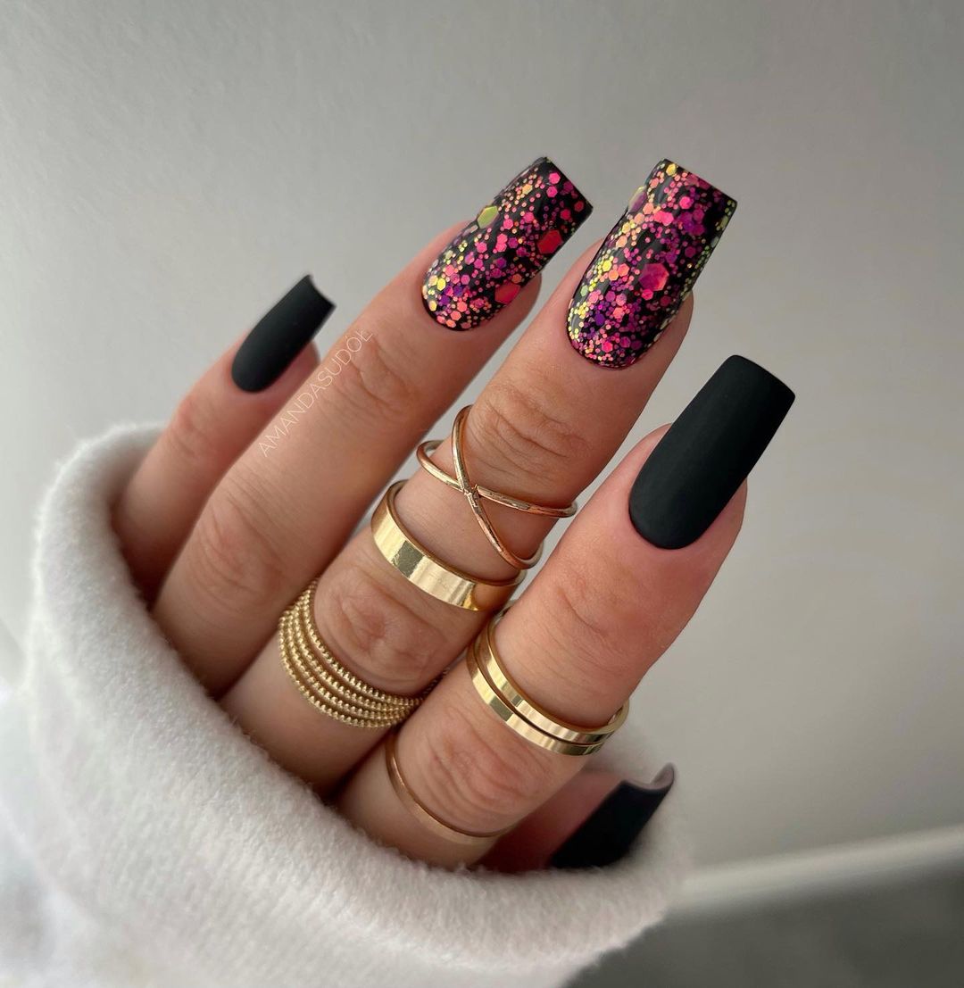 Acryl Matte Zwarte Nagels met Glitter