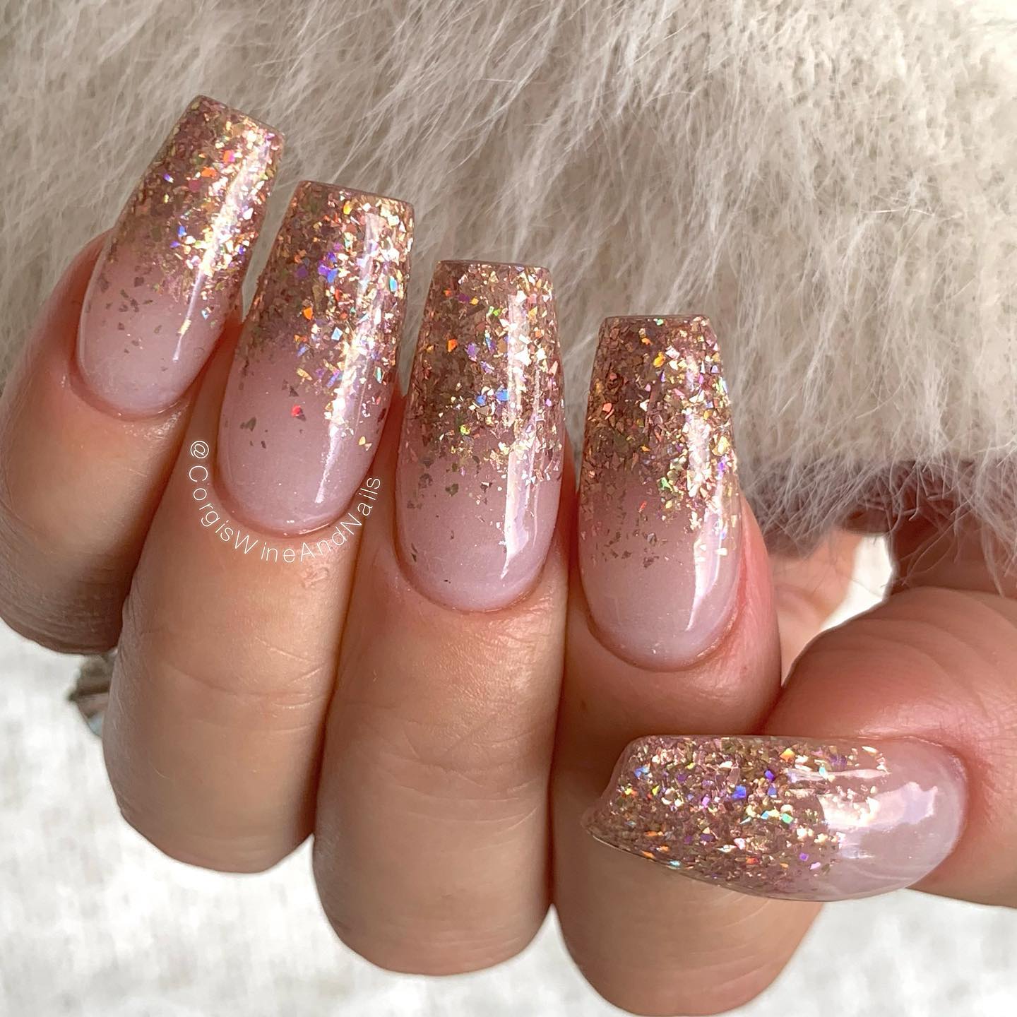 Roségouden Ombre Glitter Manicure op vierkante nagels