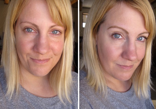 Een collageafbeelding van voor en na het aanbrengen van make-up