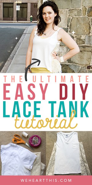 meisje poseren met een kanten tank top met de tekst easy DIY lace tank tutorial