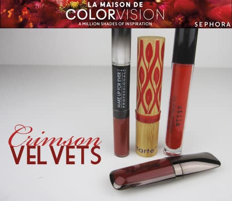 Dark Crimson Velvets: Zandloper Opaque Rouge Liquid Lipstick in Icon, Make Up For Ever Aqua Rouge in #9 op een witte achtergrond