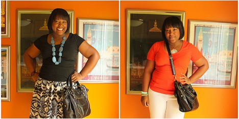 Een zwartharige vrouw die twee verschillende outfits draagt op twee verschillende afbeeldingen en een zwarte tas draagt met portretten op de oranje achtergrond