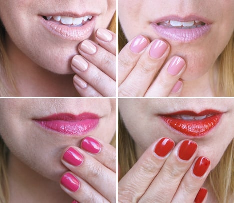 Een collage van een vrouw die verschillende lippenstifttinten en nagellak draagt